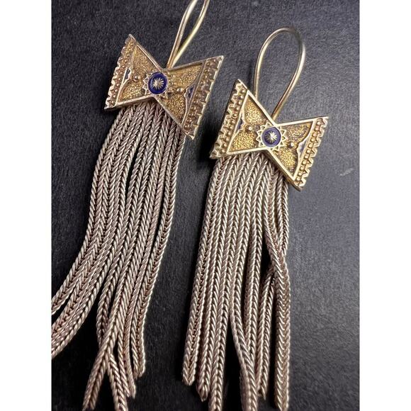Vintage Turkish sterling silver foxtail fringe enamel bow earrings - Picture 7 of 9